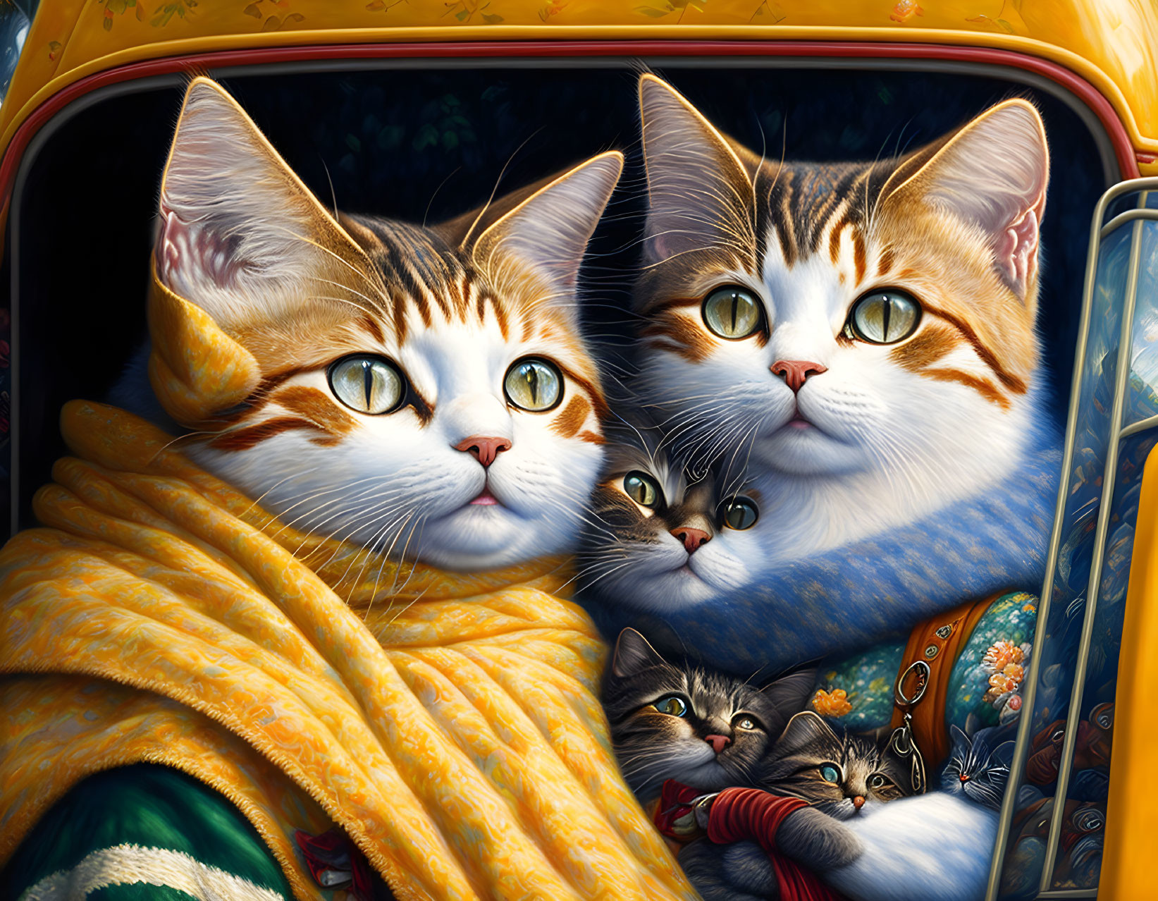 Four cats with large eyes snuggled in blanket inside vintage car