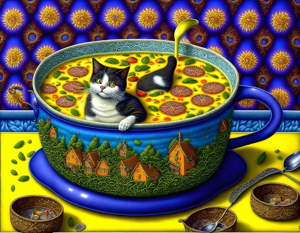 Whimsical black and white cat in ornate cup with colorful background