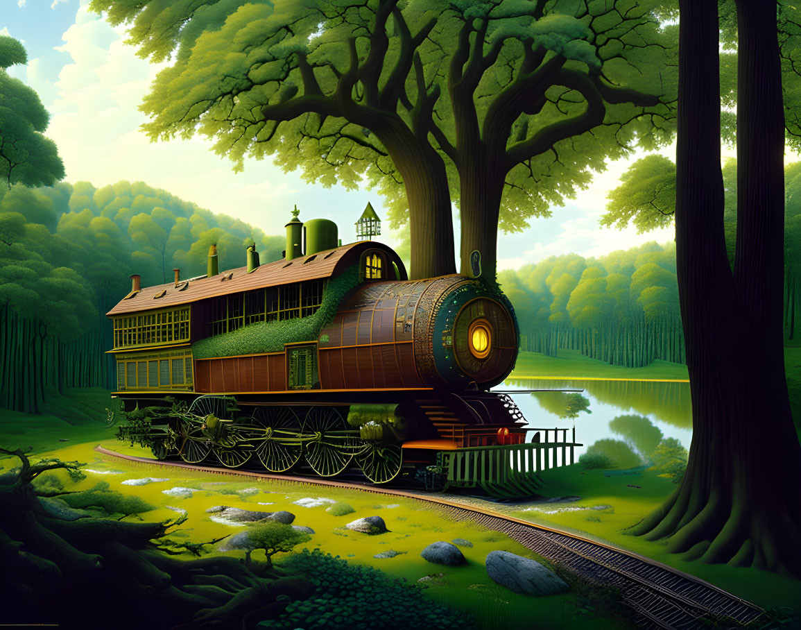 Vintage Train Illustration with Cottage-Like Carriages in Forest Setting