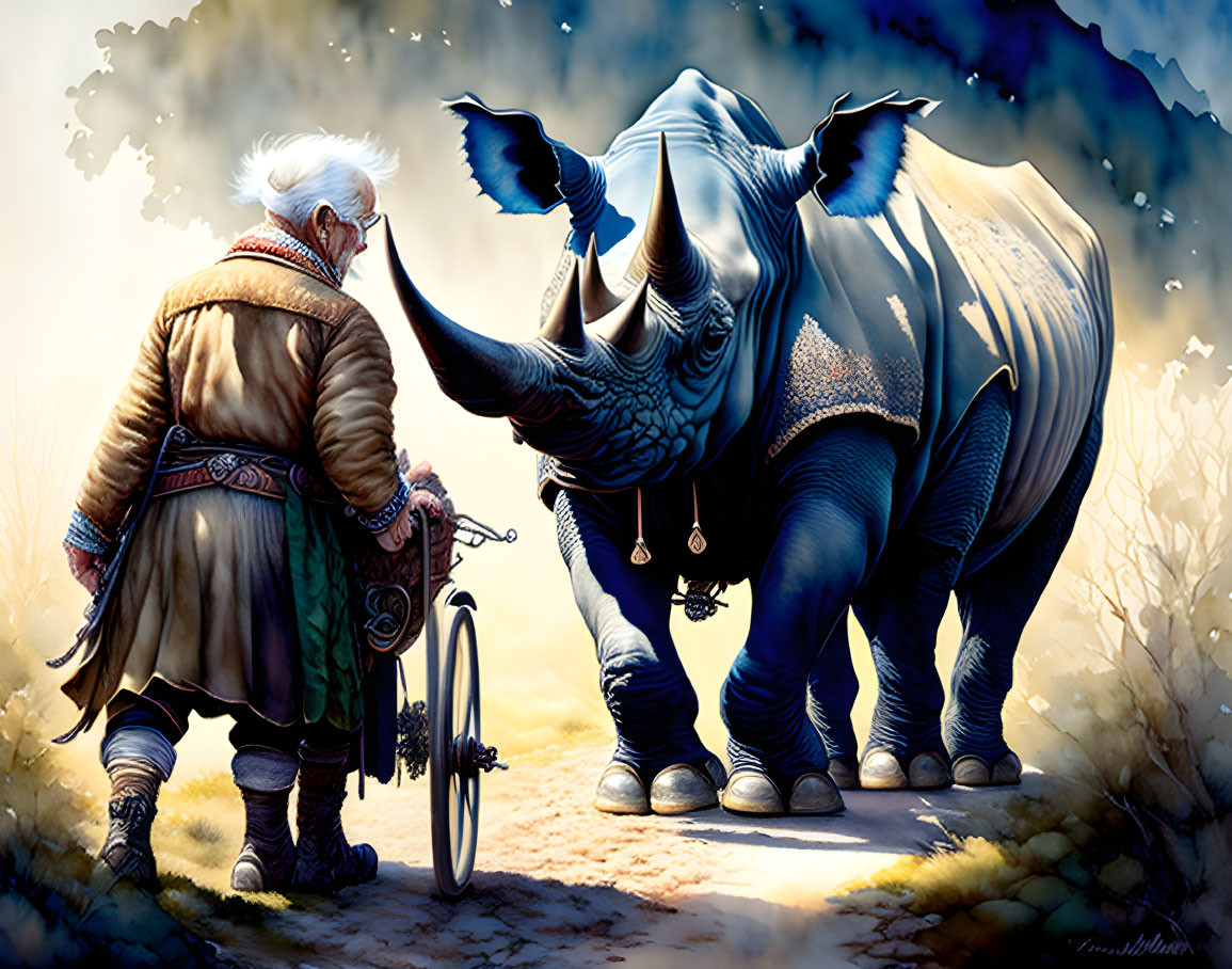 Elderly man with cane and blue armored rhinoceros in golden-lit setting