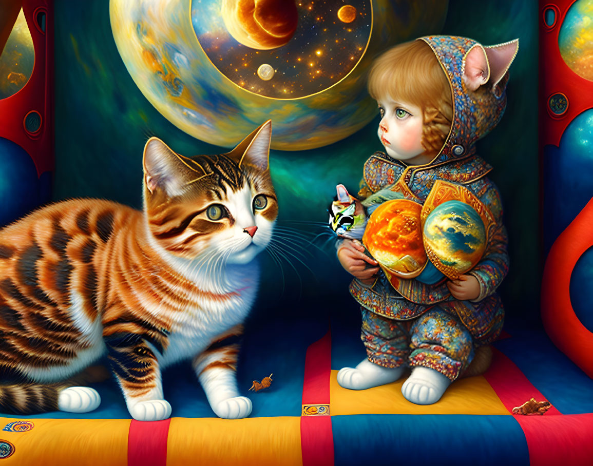 Child in cat-themed outfit with miniature planet beside large cat in cosmic backdrop