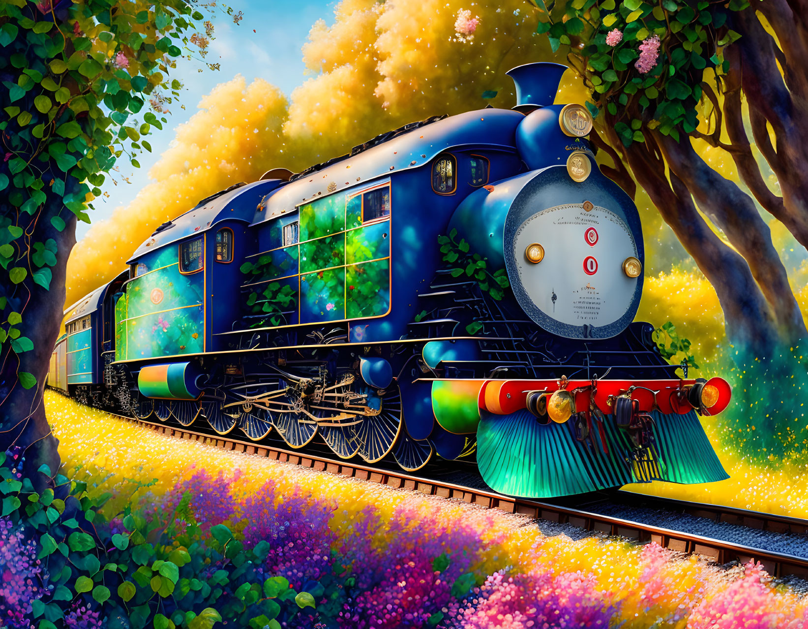 Colorful steam locomotive illustration with flowers and autumn trees