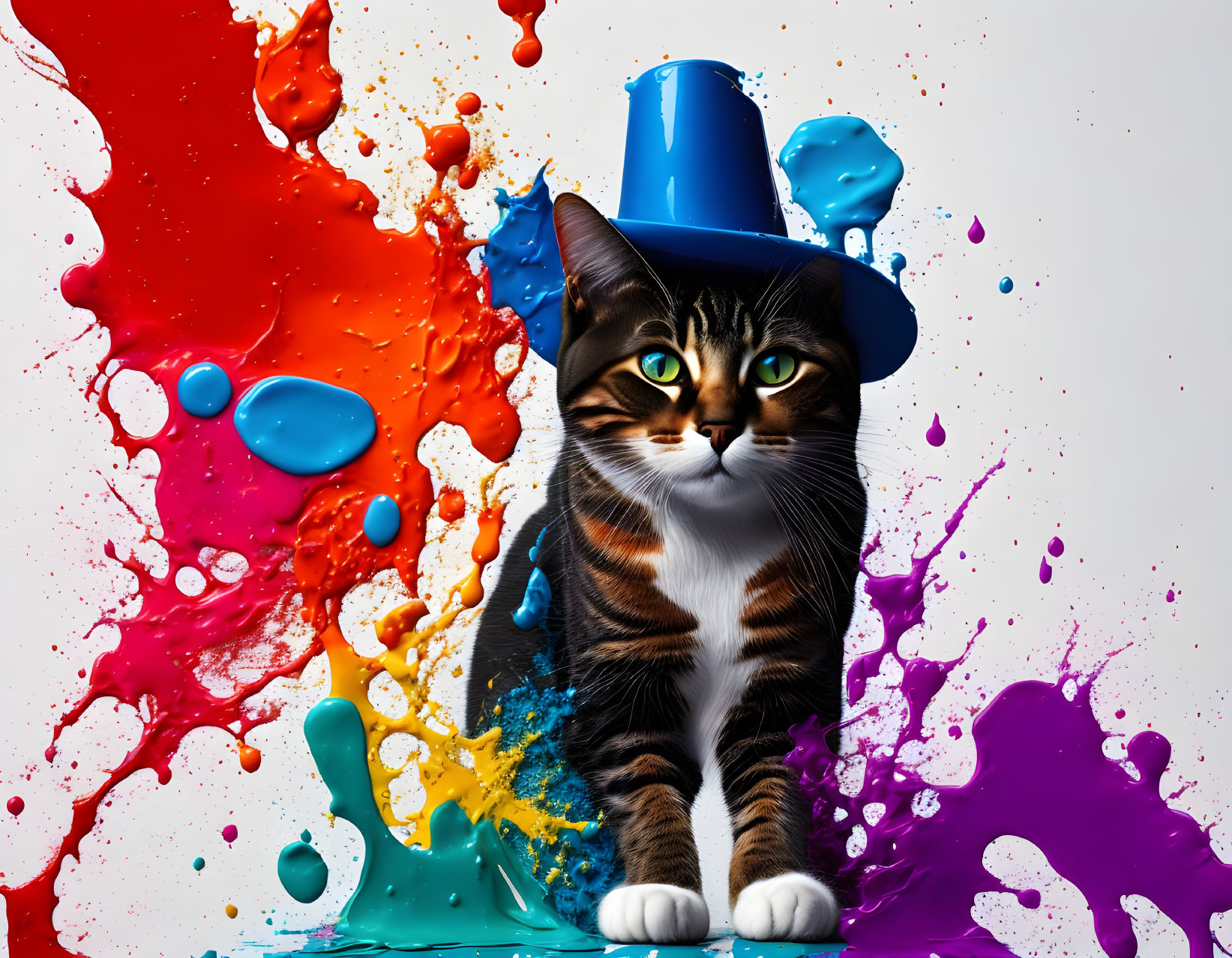 Cat in Blue Top Hat on Colorful Paint Splash Backdrop