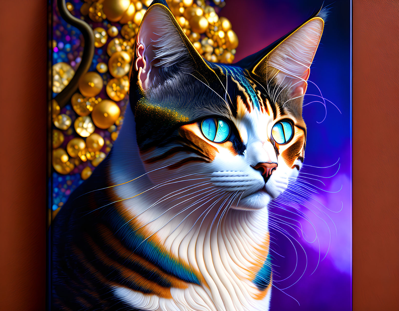 Multicolored cat with blue eyes in vibrant digital artwork