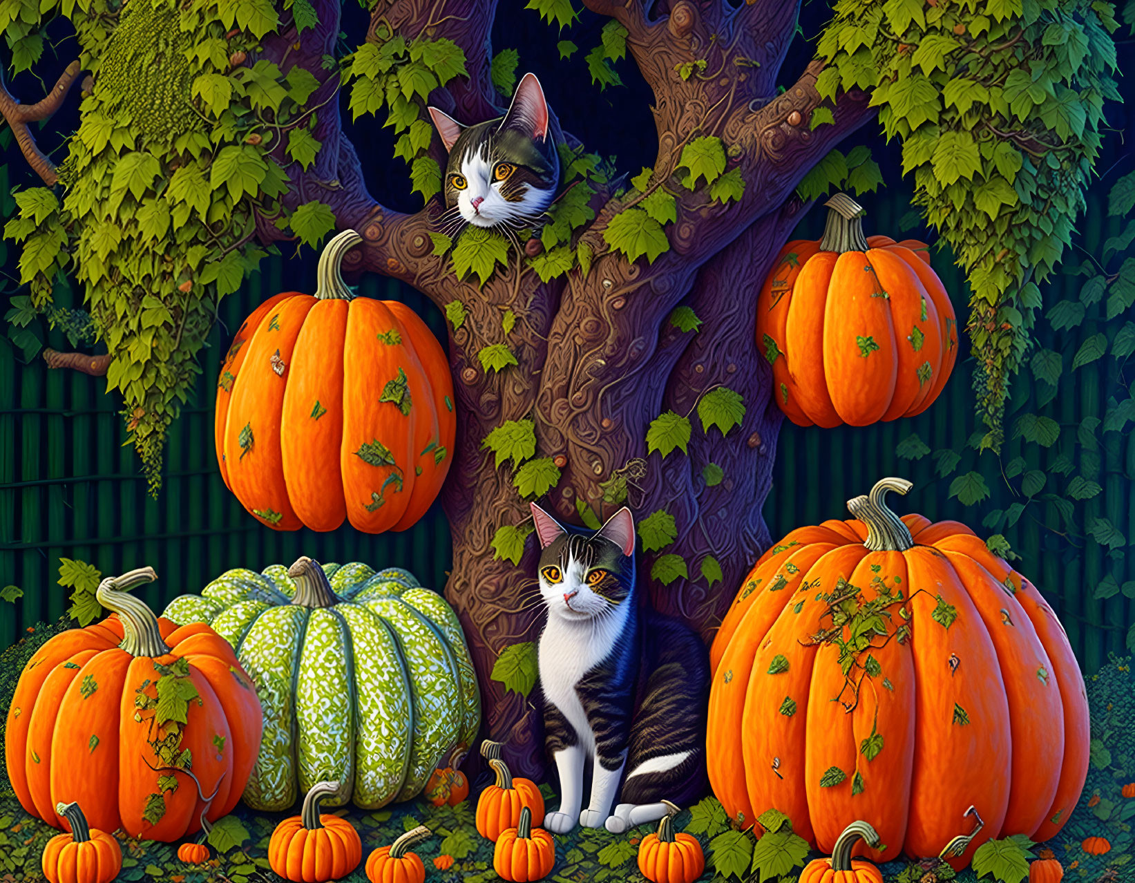 Two cats among pumpkins and tree in autumn setting