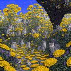 Multiple Grey Tabby Cats Among Yellow Flowers on Night Sky Background