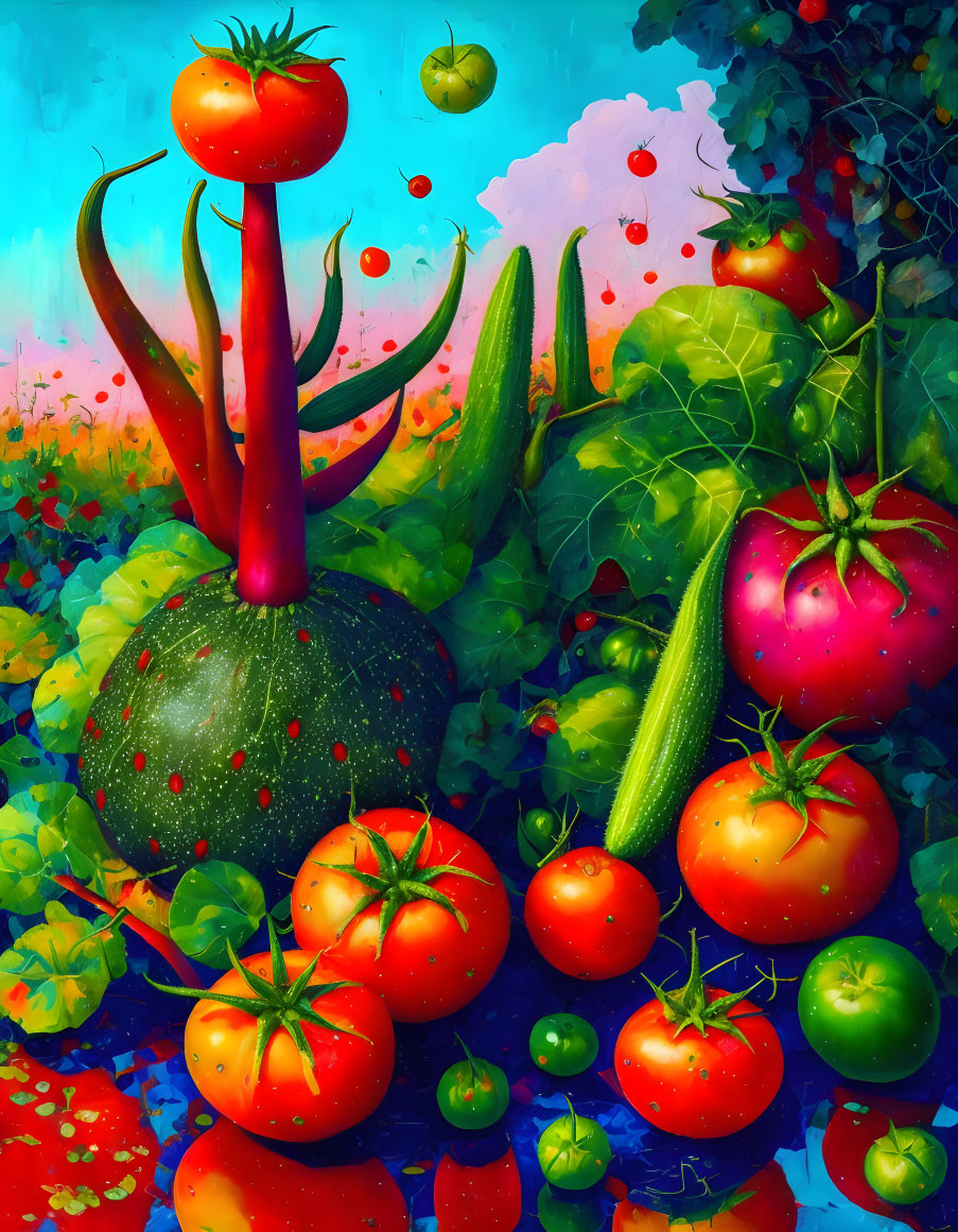 Colorful Surreal Vegetable Artwork with Tomatoes in Fantasy Setting