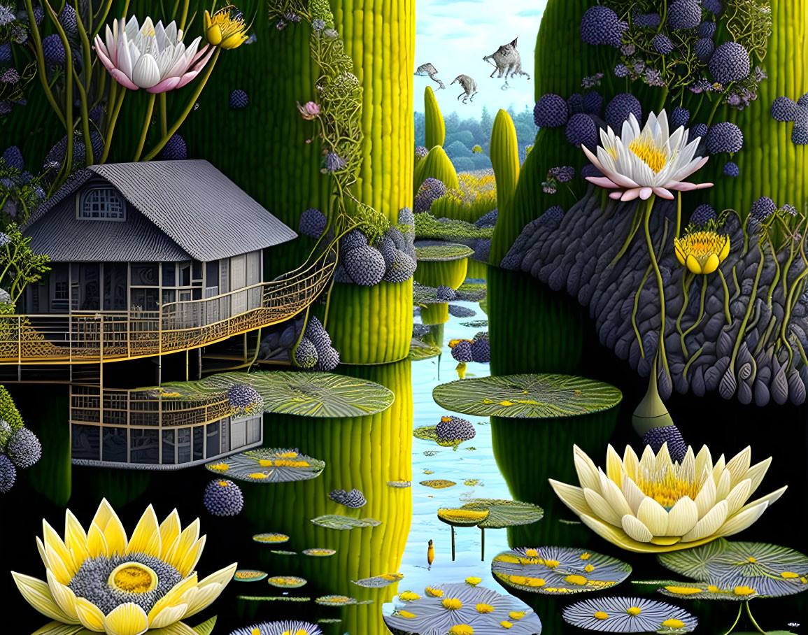 Striking Yellow and Gray landscape with Water Lily