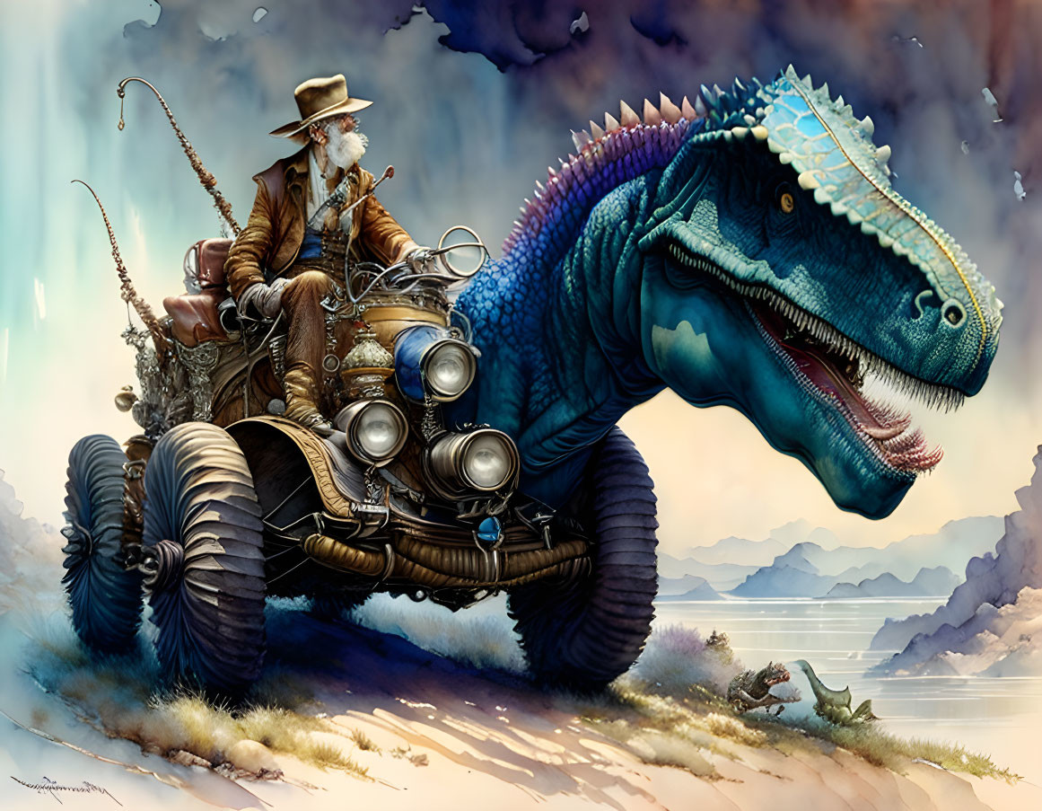 Elderly gentleman in Victorian attire pilots fantastical carriage on mechanized dinosaur against misty mountain backdrop