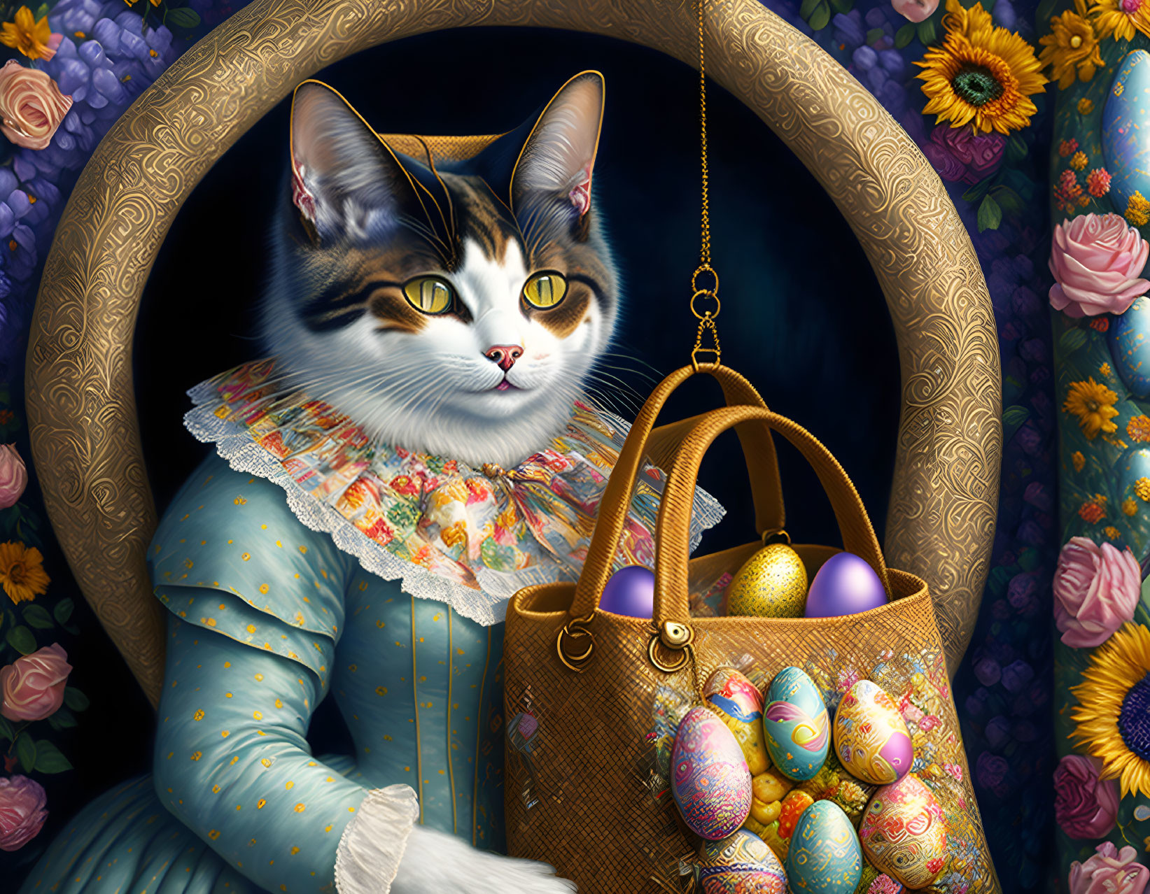 Anthropomorphic cat in blue dress with decorated eggs basket under floral arch