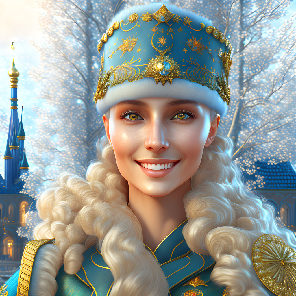 Blond woman in blue & gold hat smiles in front of magical winter palace