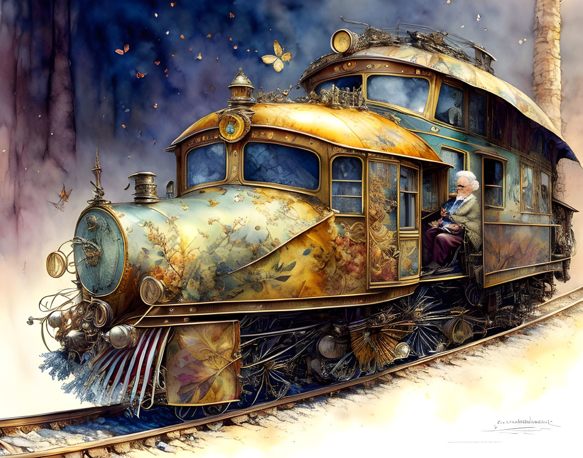 Elderly man on vintage ornate train with golden tones