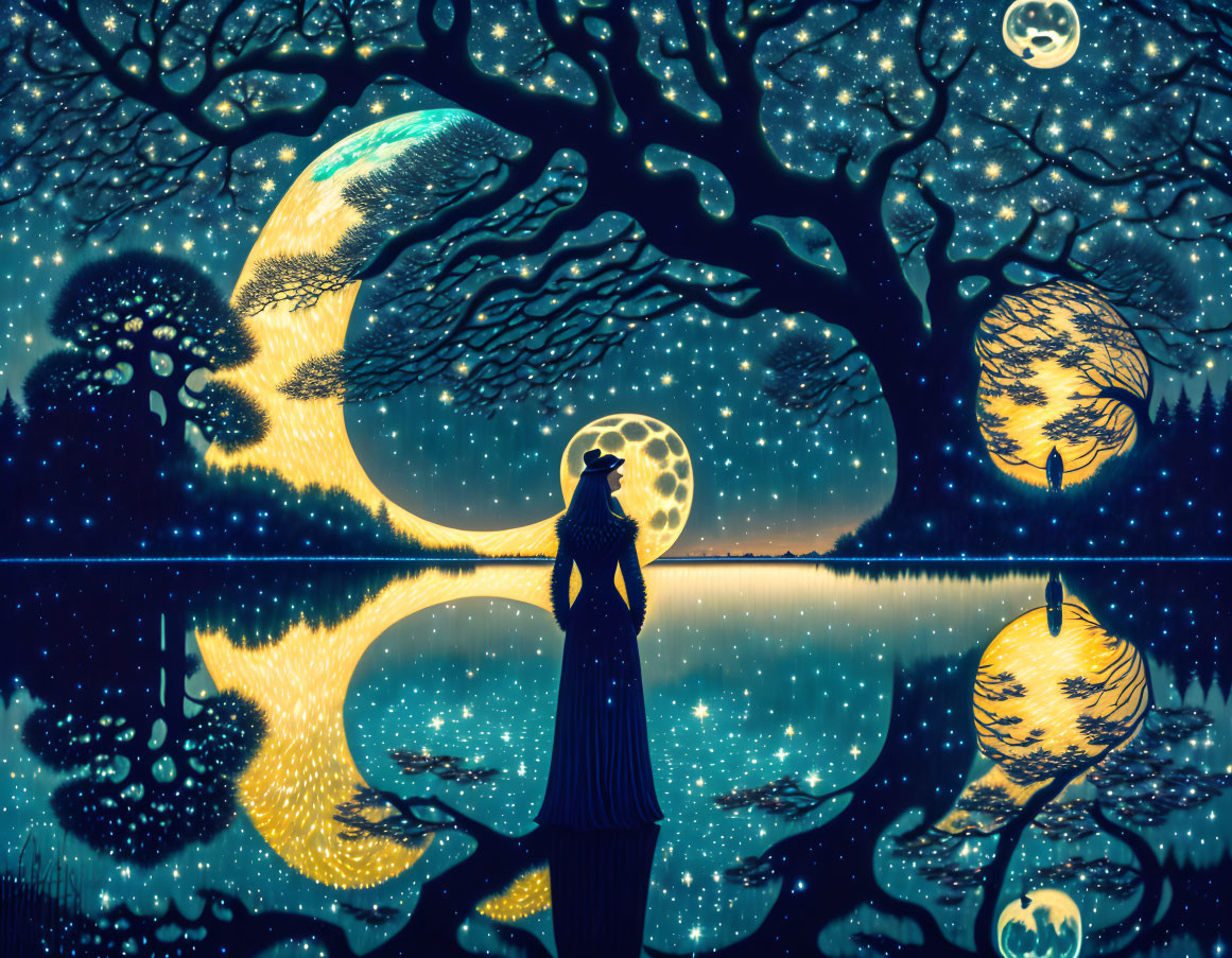 Silhouette of person holding glowing orb by tranquil lake under surreal night sky with multiple moons in vivid landscape