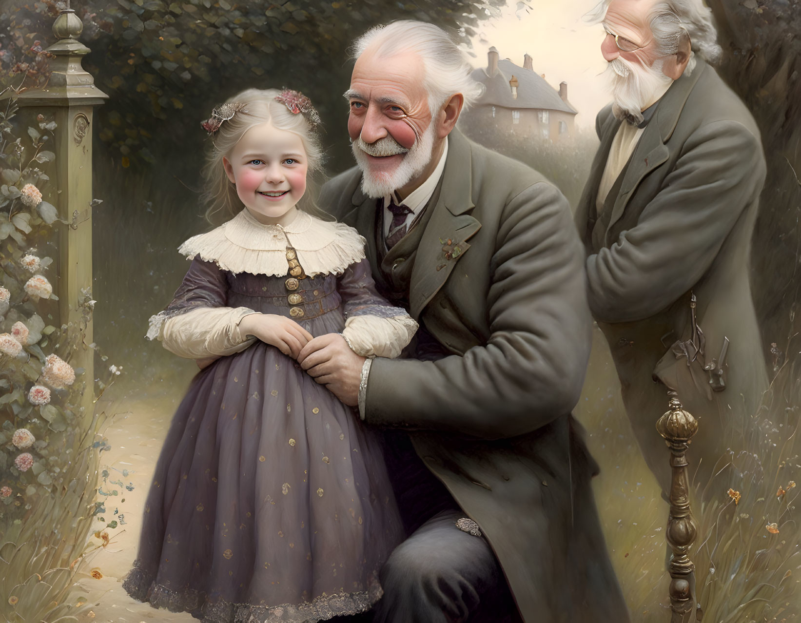 Smiling young girl with elderly man and observer in vintage dress in garden portrait.