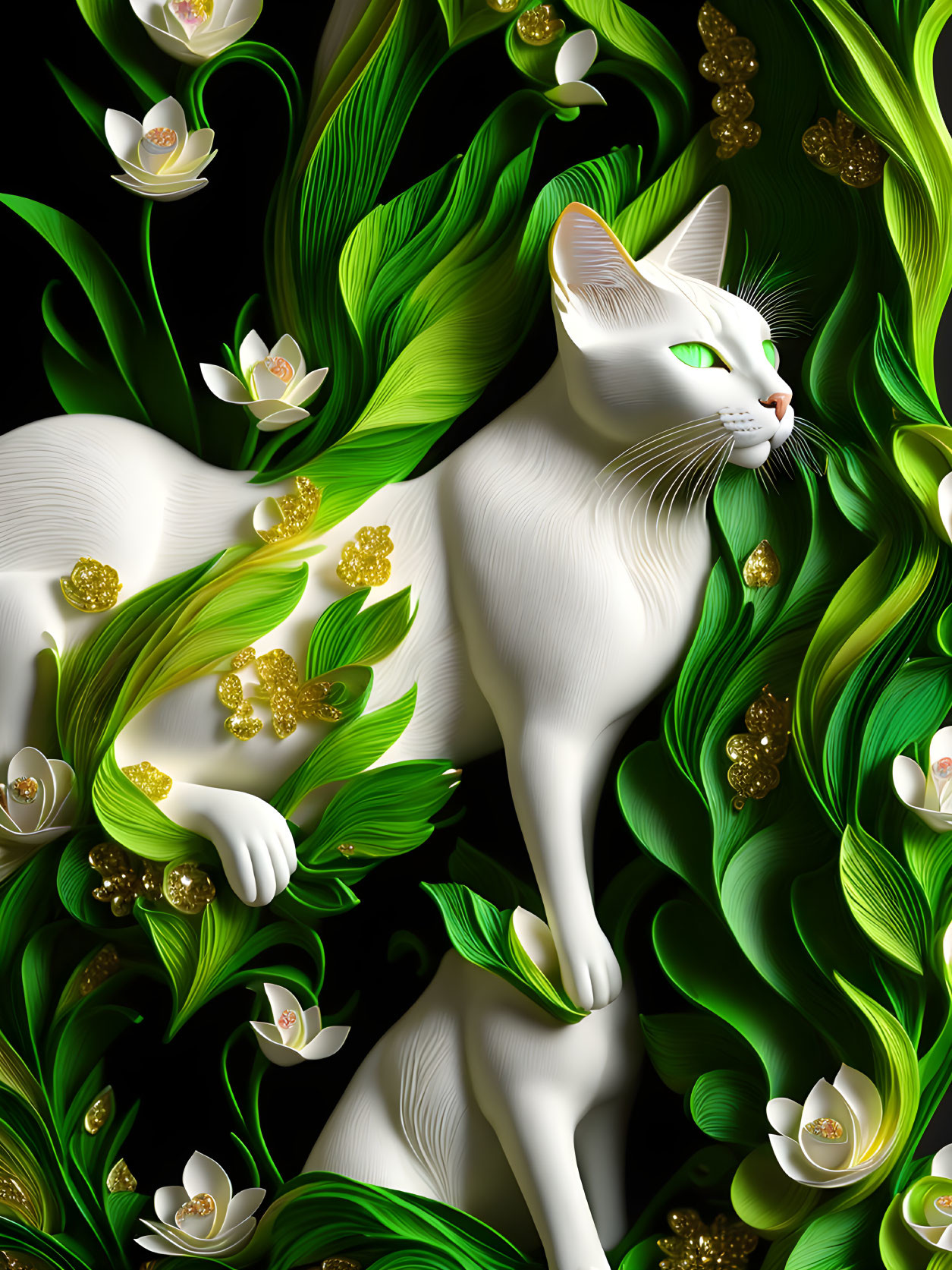 White Cat Digital Artwork with Green Eyes and Floral Elements