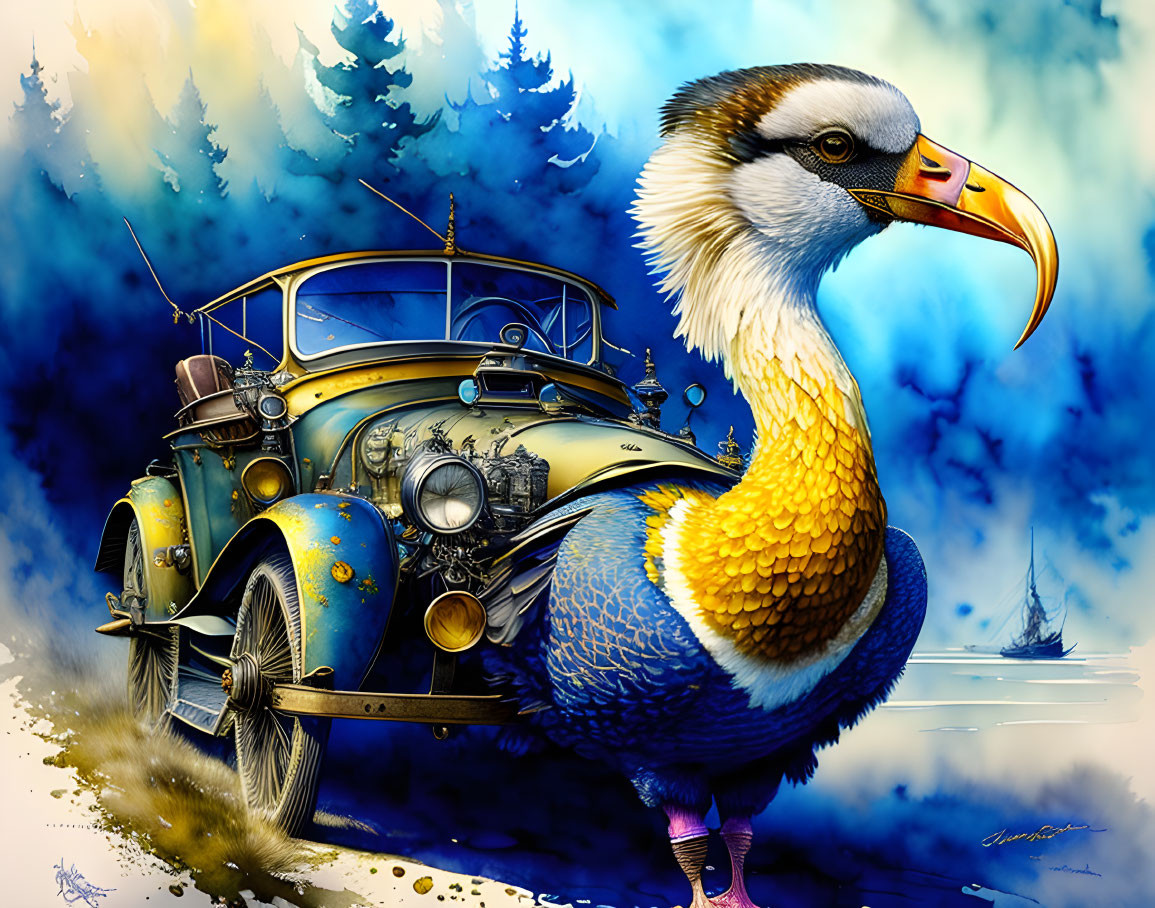 Vibrant bird with toucan-like beak near vintage car in surreal forest