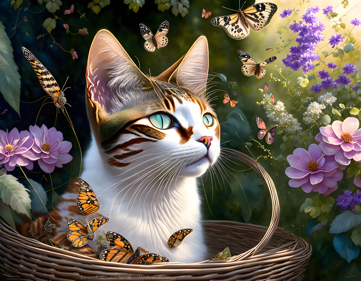 Tabby cat with blue eyes in wicker basket among pink flowers & butterflies