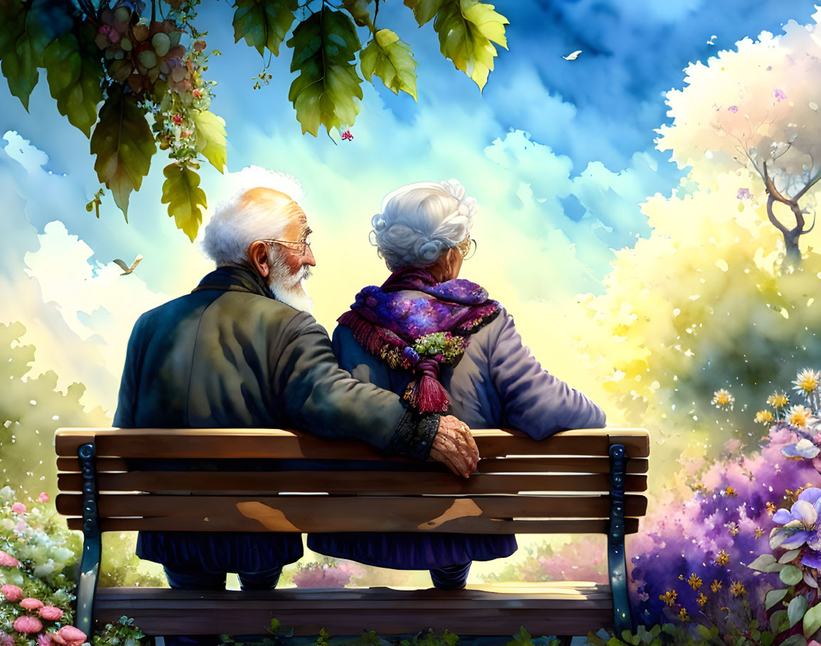 Elderly couple enjoying nature in vibrant park bench scene