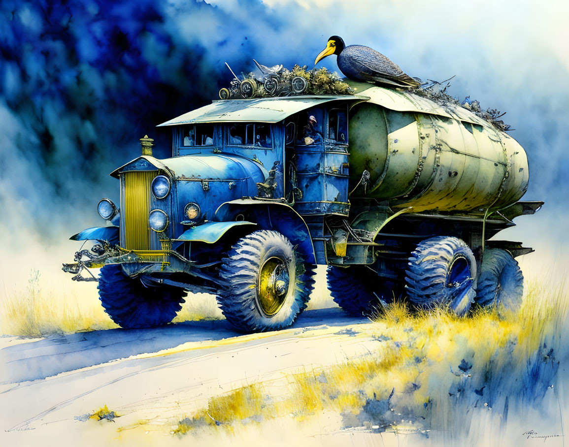 Vintage off-road truck with large wheels in desolate landscape with bird and dramatic sky