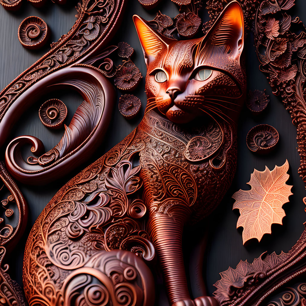 Detailed Bronze Cat Sculpture with Filigree and Leaf Motifs on Dark Background