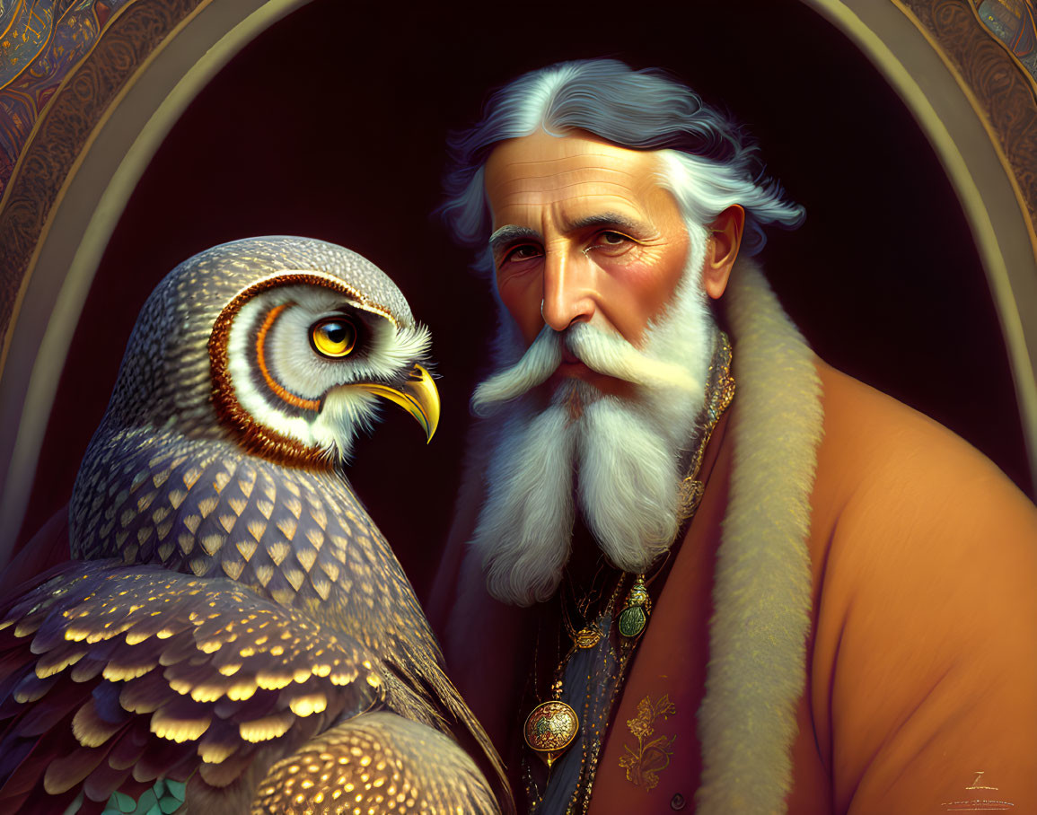 Detailed Illustration of Elderly Man with Owl in Regal Attire