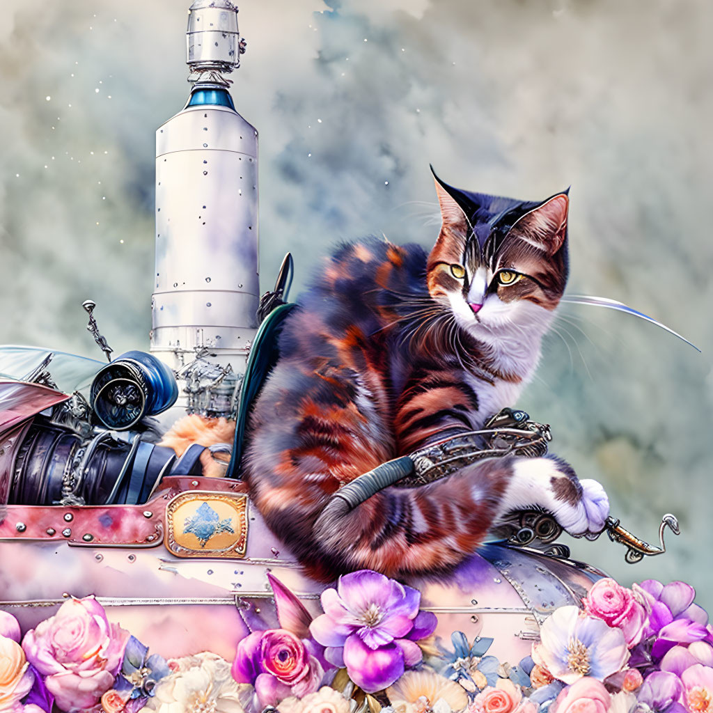 Calico cat with monocle on fantastical spaceship with flowers under cloudy sky