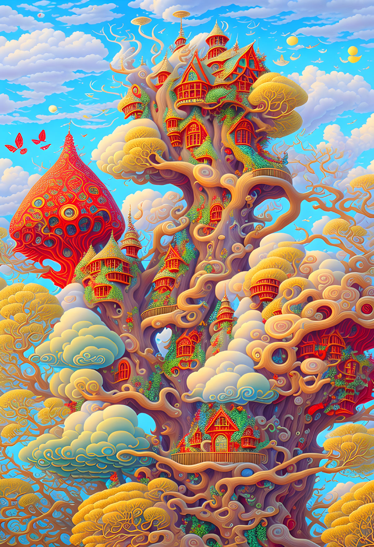 Illustration of towering tree with fairy-tale houses against blue skies