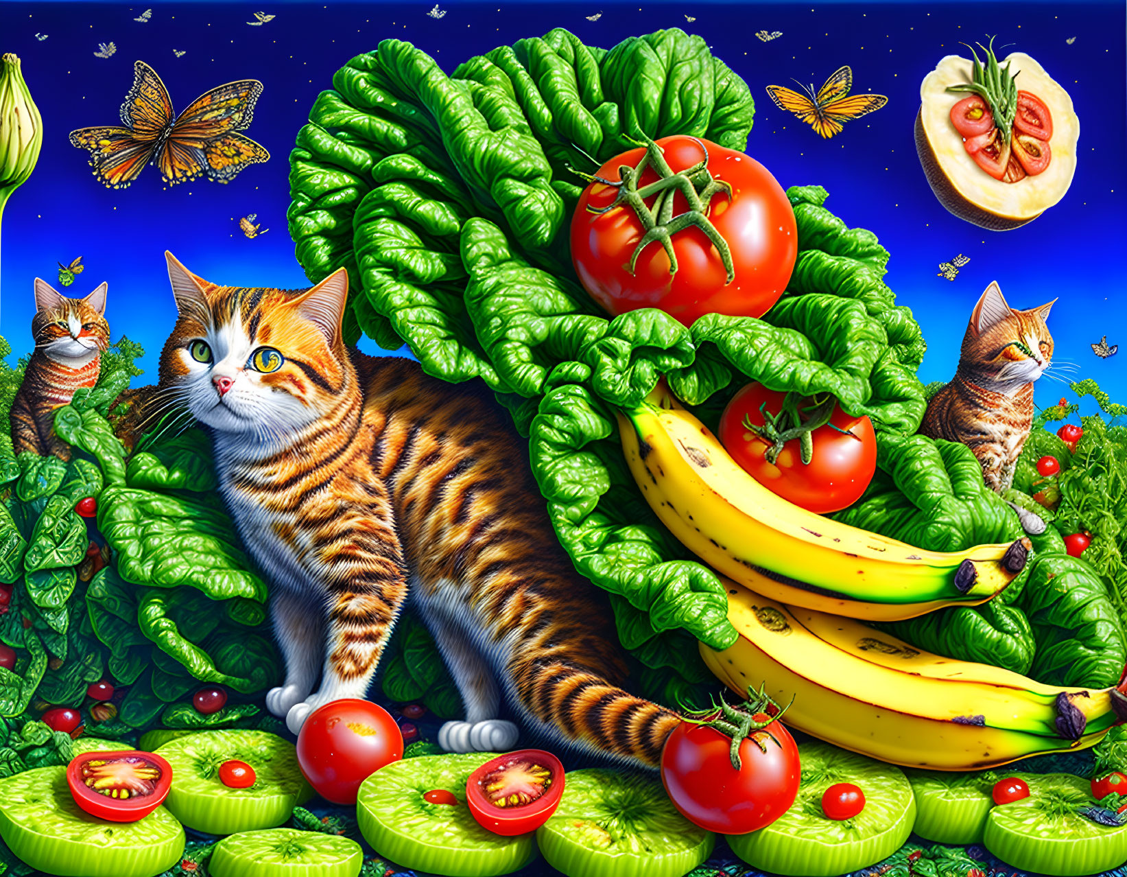 Colorful artwork: Orange tabby cat with vegetables, fruit, and butterflies