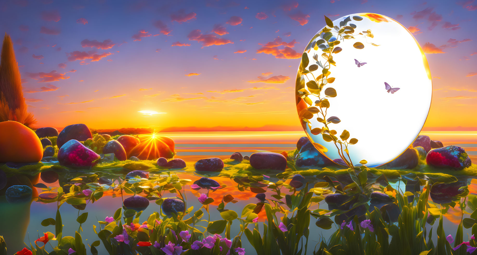 Fantasy landscape with luminous orb, butterflies, colorful stones, and plants at sunset