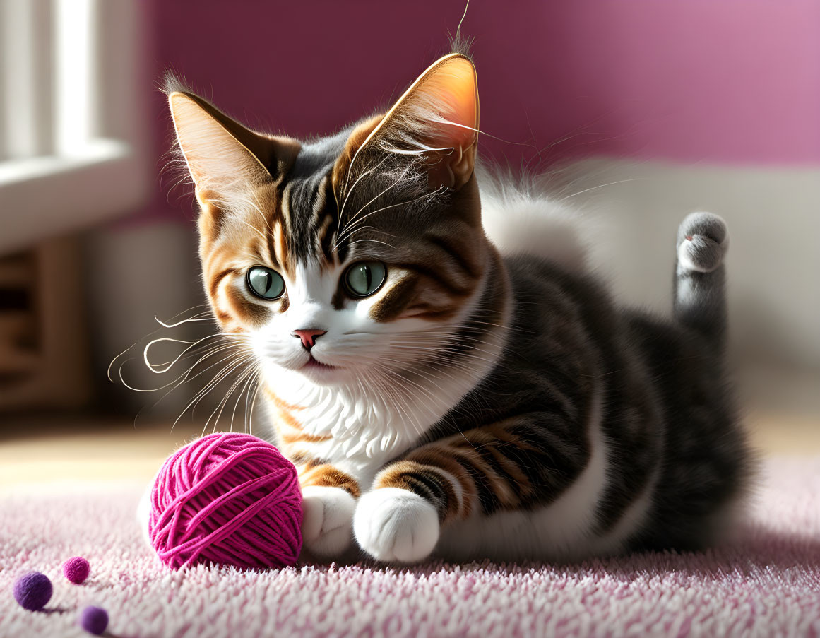 Tabby kitten on pink carpet with yarn ball under sunlight