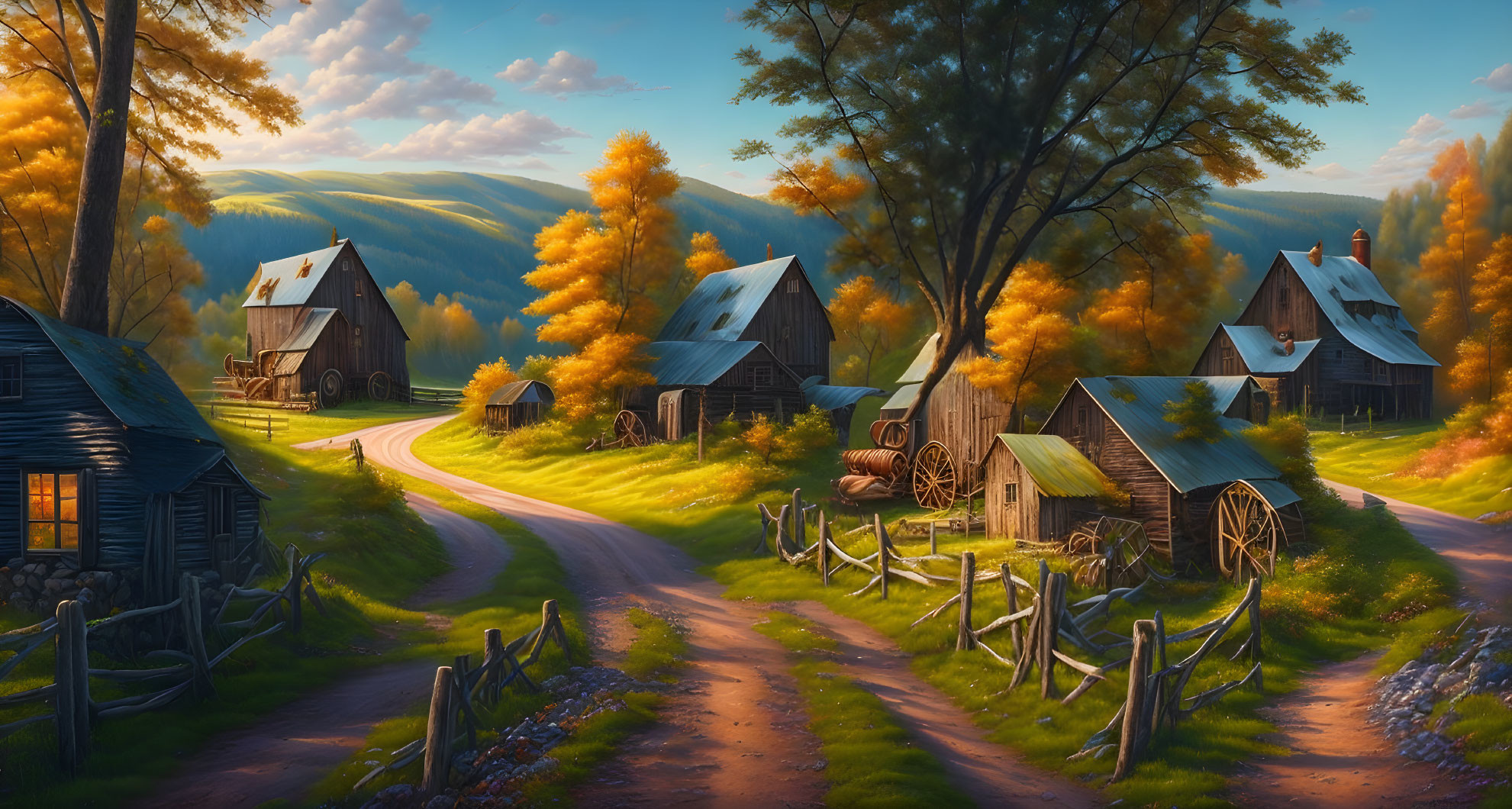 Autumn sunset over rustic village with wooden houses and watermills