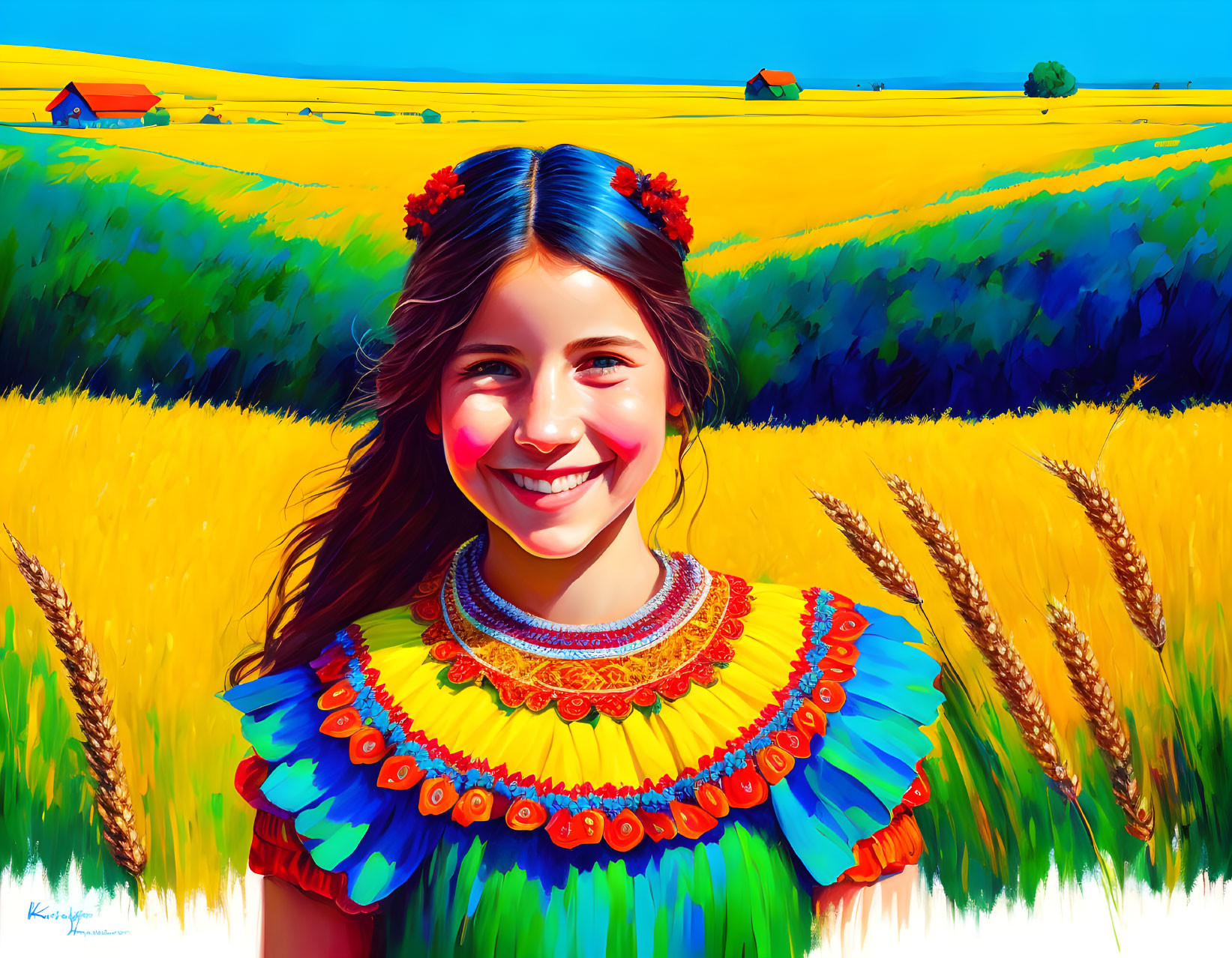 Smiling girl with braids in floral headband in vibrant wheat field