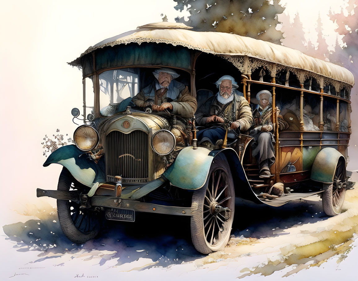 Vintage illustration of old-fashioned bus with passengers in muted colors