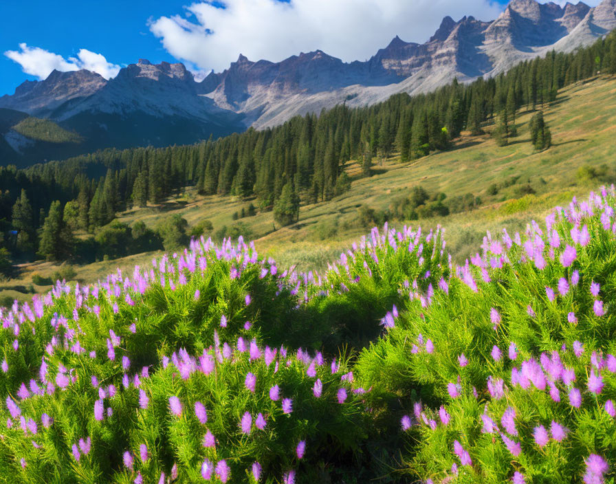 Scenic mountain range with forested slopes, purple wildflowers, and lush greenery