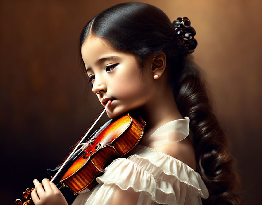 Young girl playing violin with long braid in white blouse on warm brown background