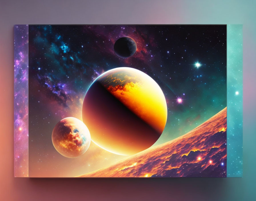 Colorful Space-themed Canvas Artwork with Planets, Moon, Stars, and Nebulae on