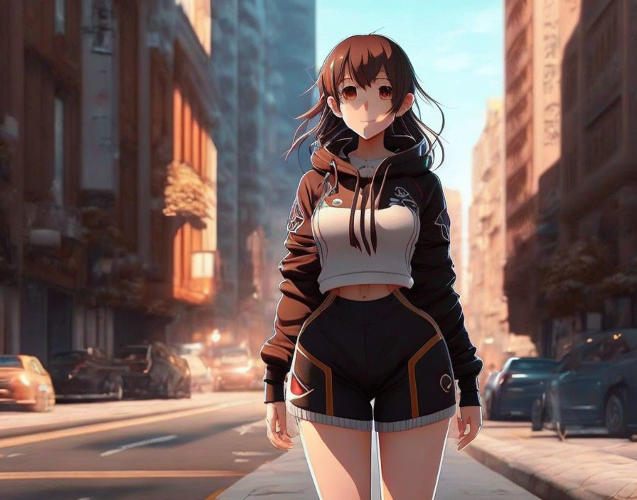 Young female anime character in urban street with long shadows.