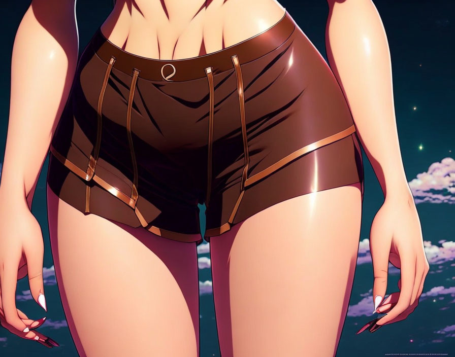 Detailed close-up of character in brown shorts under night sky