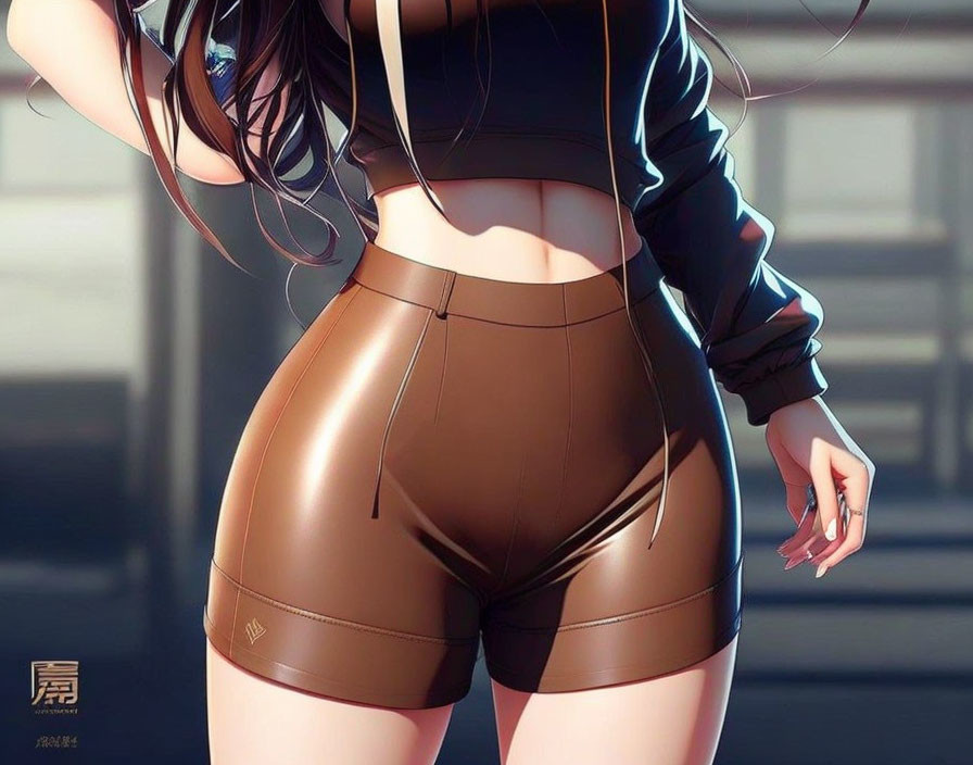 Dark-haired animated character in brown shorts and black top standing in sunlit room with shadows.