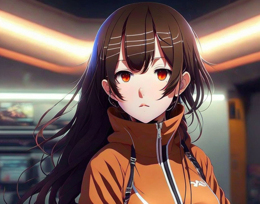 Anime-style illustration of girl with long brown hair, orange eyes, in brown hoodie, thoughtful expression