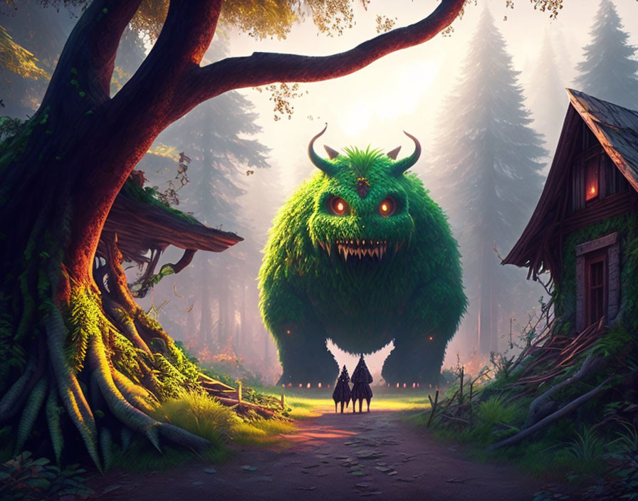 Giant fantastical beast in mystical forest scene