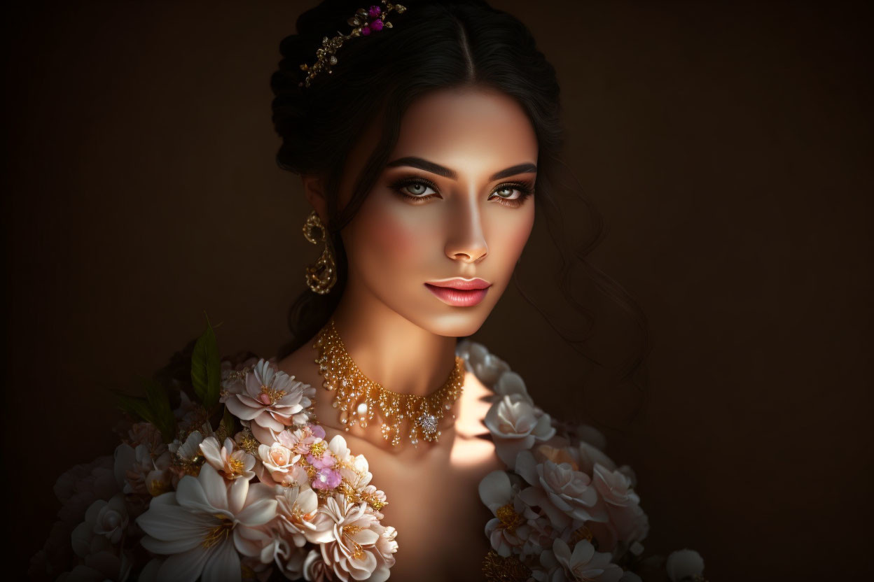 Elegant woman in floral dress with jewelry and styled hair