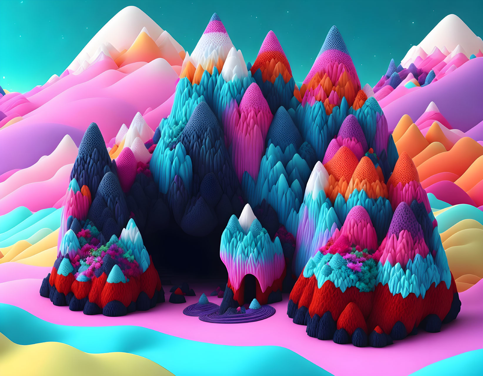 Vibrant landscape with undulating hills and mountains in pink, blue, orange, and purple hues