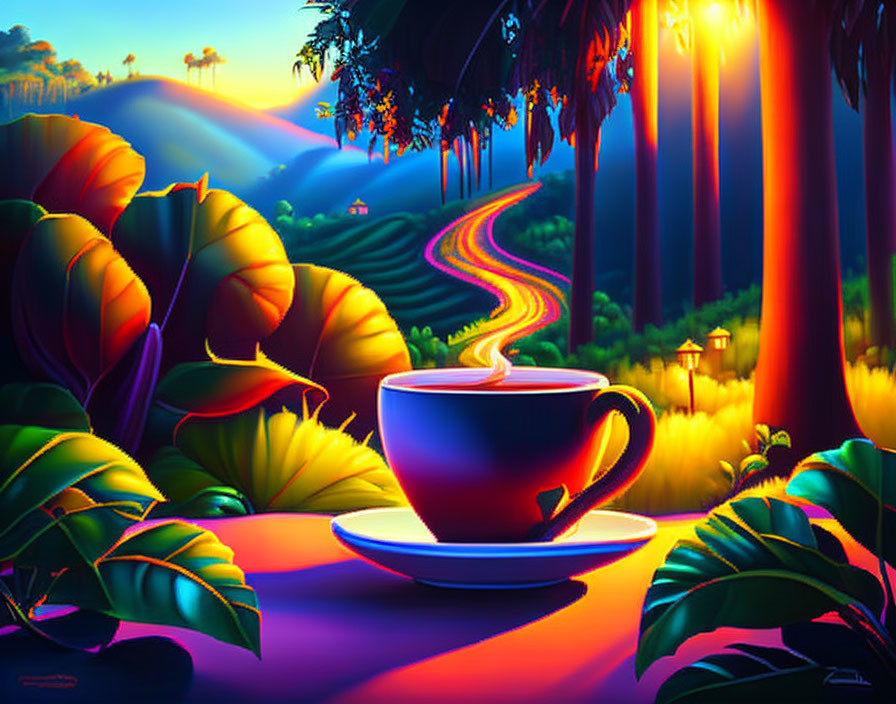 Colorful painting of coffee cup with leaves and sunset landscape