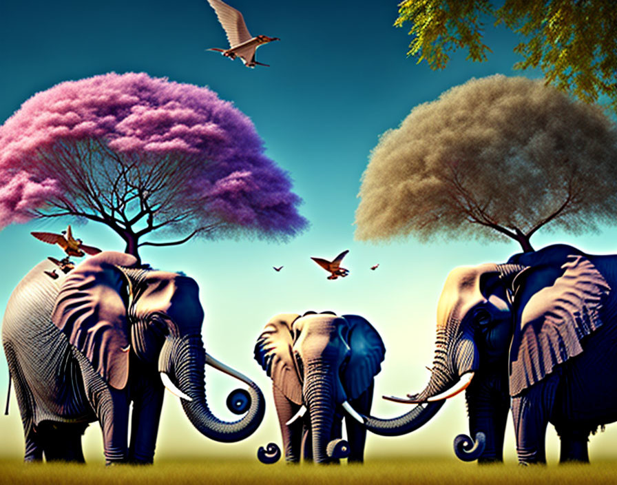 Colorful Stylized Elephants in Surreal Landscape