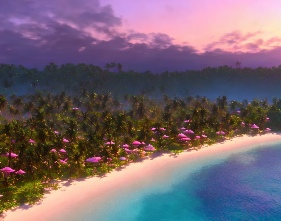 Tropical beach sunset scene with pink umbrellas, palm trees, blue ocean, and purple sky