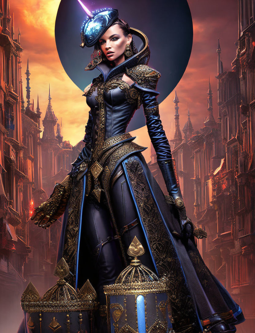 Regal woman in fantasy costume with metallic accents and ornate headdress against gothic cityscape at