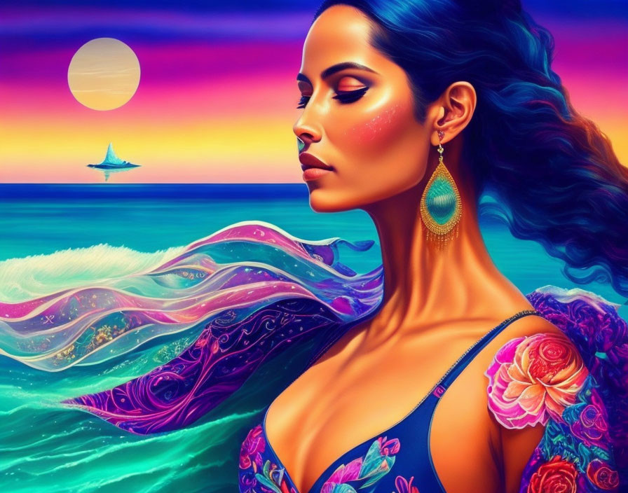 Digital artwork: Woman with flowing hair in ocean waves, floral patterns, sunset seascape with boat