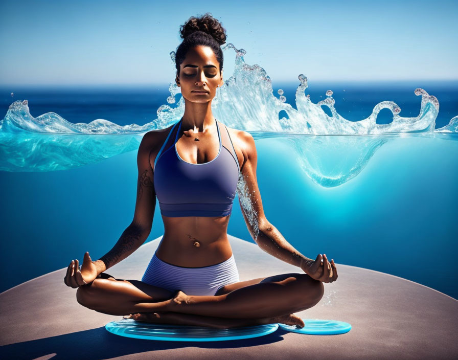 Person meditating in lotus position above calm sea with splashing water under clear sky