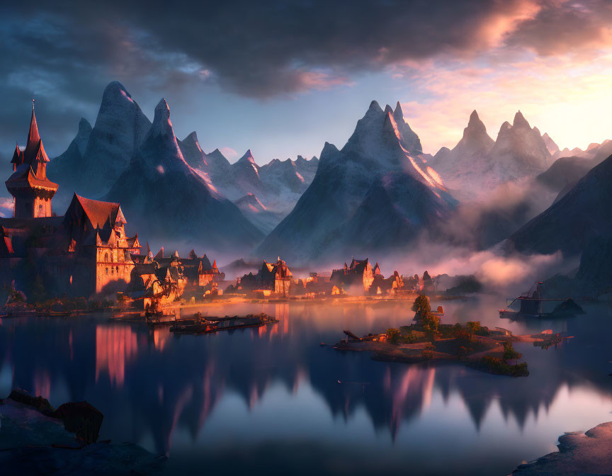 Fantasy landscape with castle, village, mountains, lake, and twilight sky captured in misty ambiance